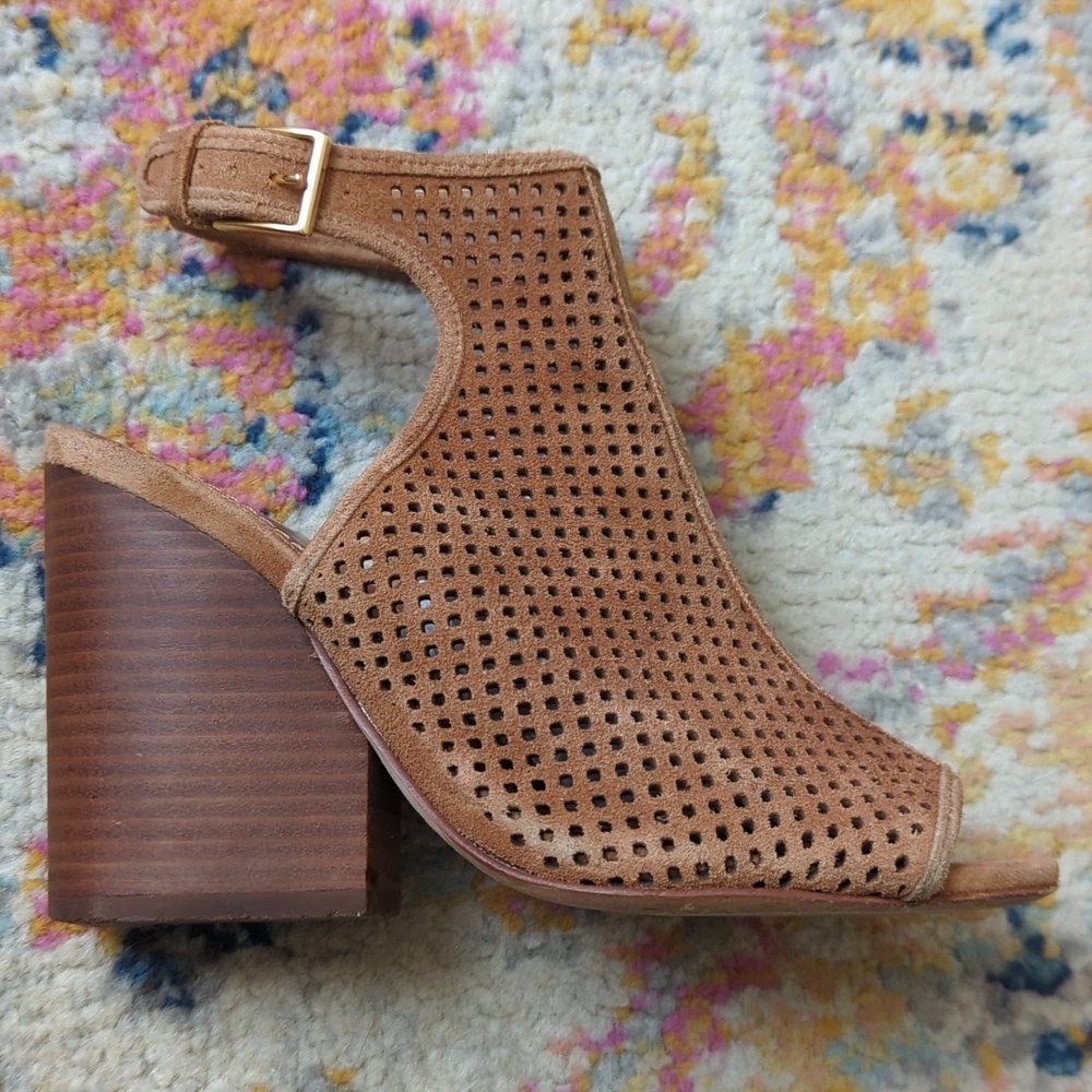 Tory Burch Jessie Perforated Suede Leather Peep Toe High Heel Booties Brown 6.5 - Picture 10 of 16